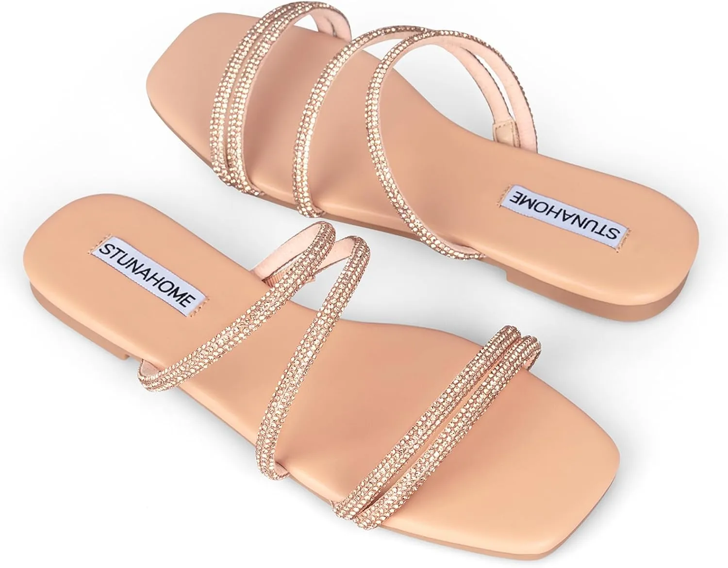 STUNAHOME Women's Rhinestone Thong Flat Sandals Open Toe Slide Sandals with Square Toe Bling Strap