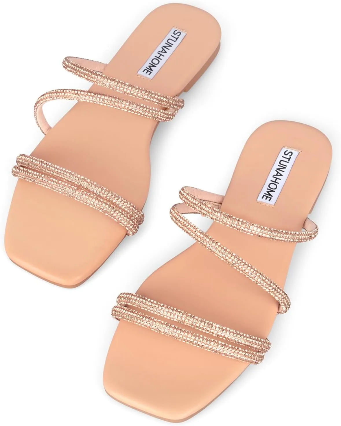 STUNAHOME Women's Rhinestone Thong Flat Sandals Open Toe Slide Sandals with Square Toe Bling Strap