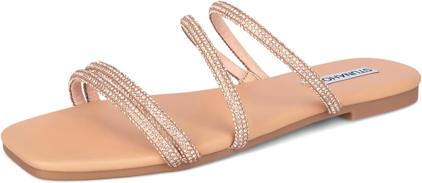 STUNAHOME Women's Rhinestone Thong Flat Sandals Open Toe Slide Sandals with Square Toe Bling Strap