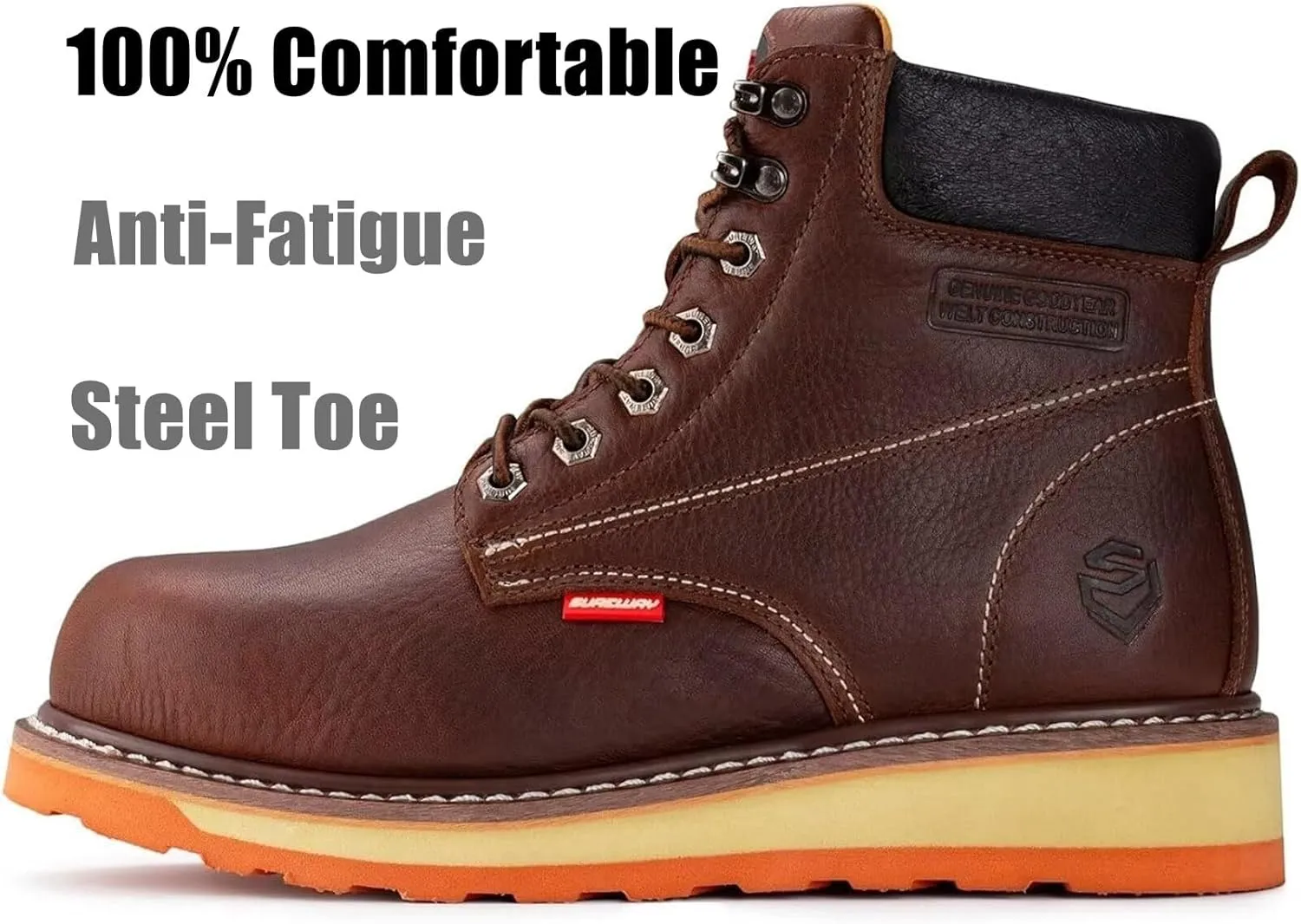 SUREWAY 6 in Mens Heavy Duty Soft/Steel Toe Work Boots for Men,Goodyear Welted,Full Grain Leather,Slip Resistant,EH Safety Industrial Construction Boot