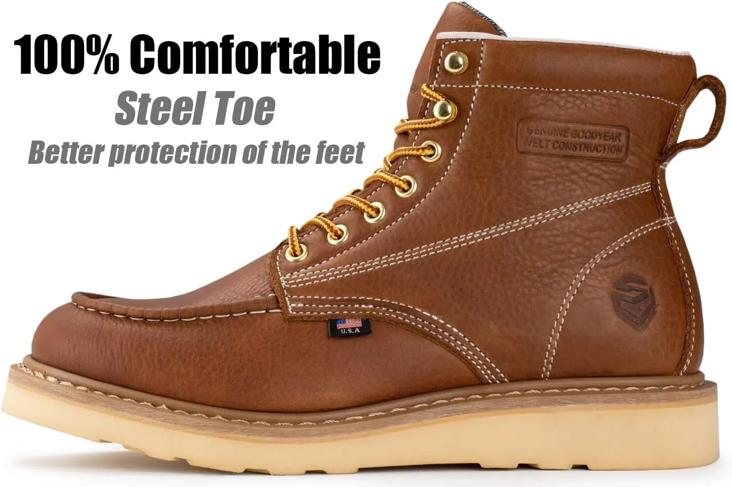 SUREWAY 6” Wedge Moc Toe Work Boots for Men - Soft Toe,Premium Full-Grain Leather,Lightweight Work Boots/Shoes,Comfort Insole,Oil/Slip Resistant,Real Goodyear,EH Rated Industrial Construction Boots