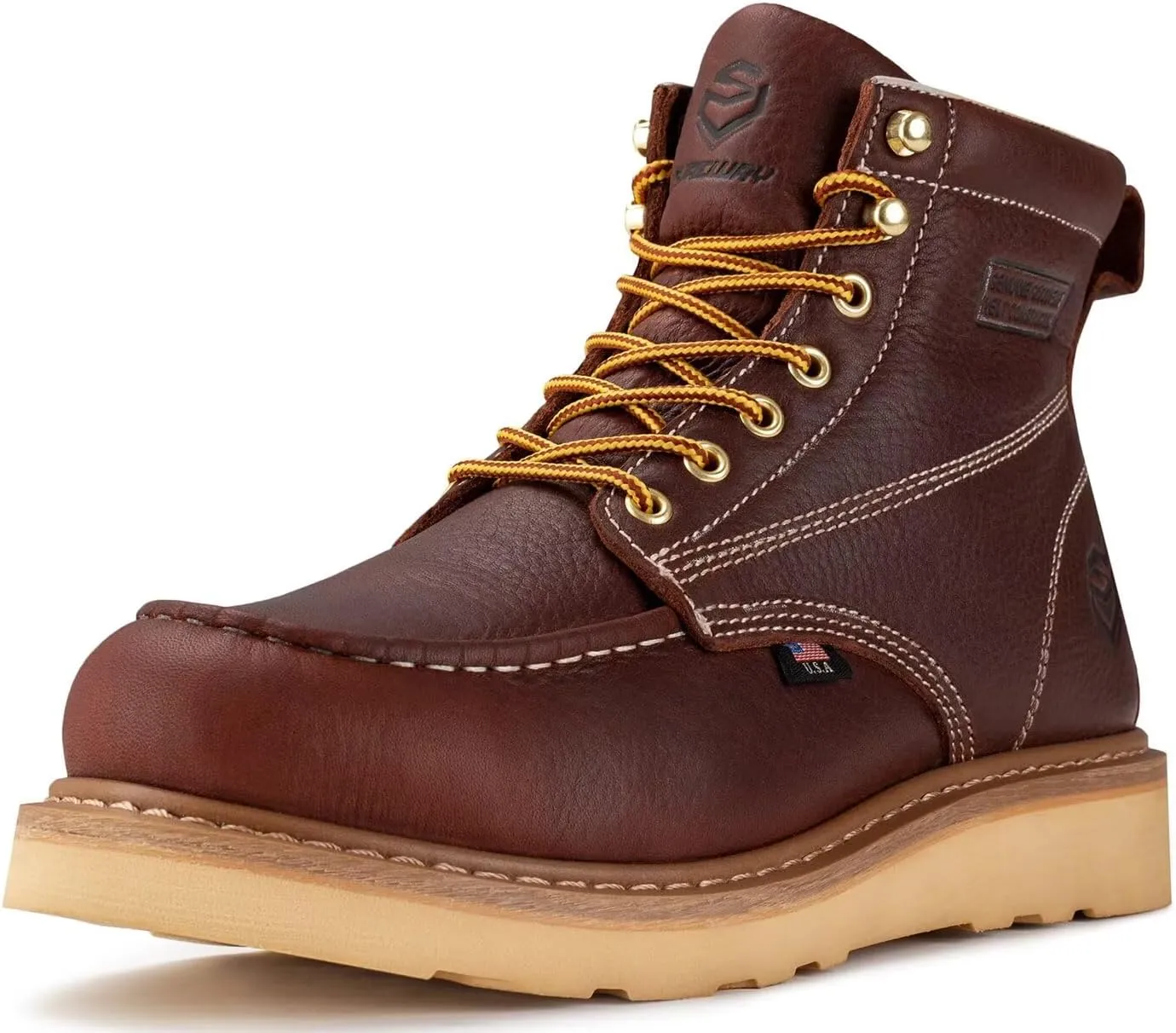 SUREWAY 6” Wedge Moc Toe Work Boots for Men - Soft Toe,Premium Full-Grain Leather,Lightweight Work Boots/Shoes,Comfort Insole,Oil/Slip Resistant,Real Goodyear,EH Rated Industrial Construction Boots
