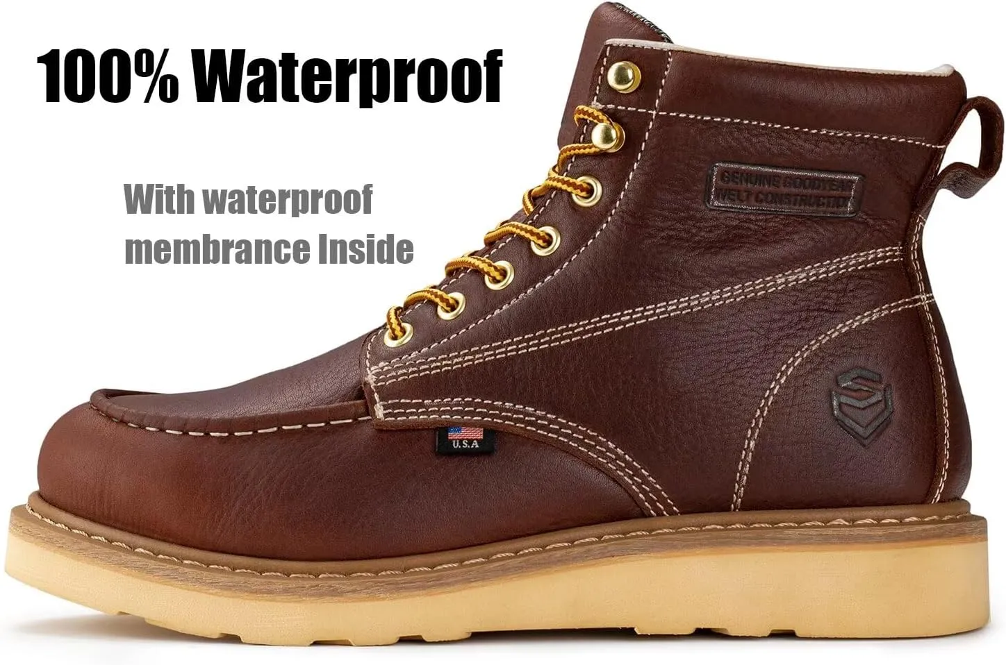 SUREWAY 6” Wedge Moc Toe Work Boots for Men - Soft Toe,Premium Full-Grain Leather,Lightweight Work Boots/Shoes,Comfort Insole,Oil/Slip Resistant,Real Goodyear,EH Rated Industrial Construction Boots