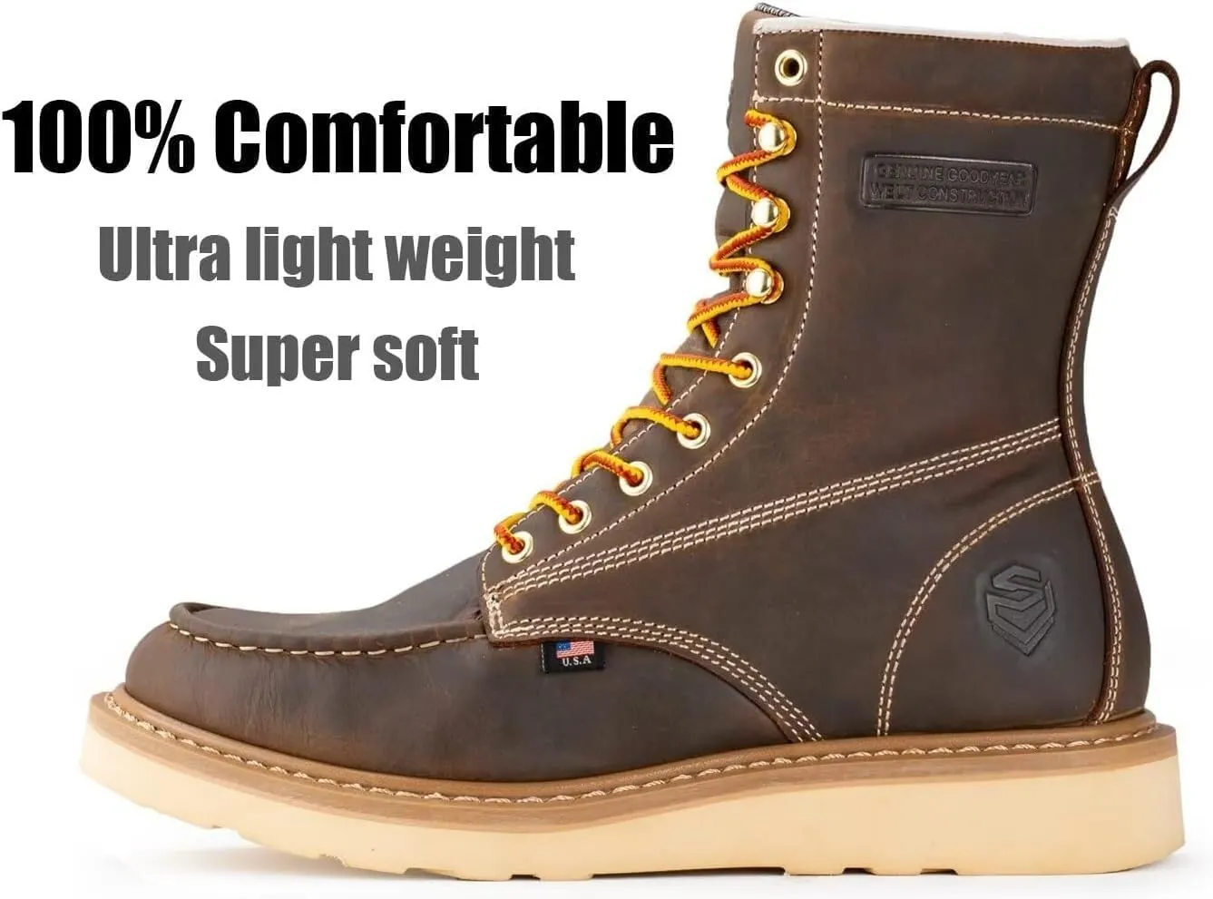 SUREWAY Mens 8 in Wedge Moc Soft/Steel Toe Work Boots for Men,Full-Grain Leather,Goodyear Welt,EH,Safety Industrial Construction Boots/Shoes for Women