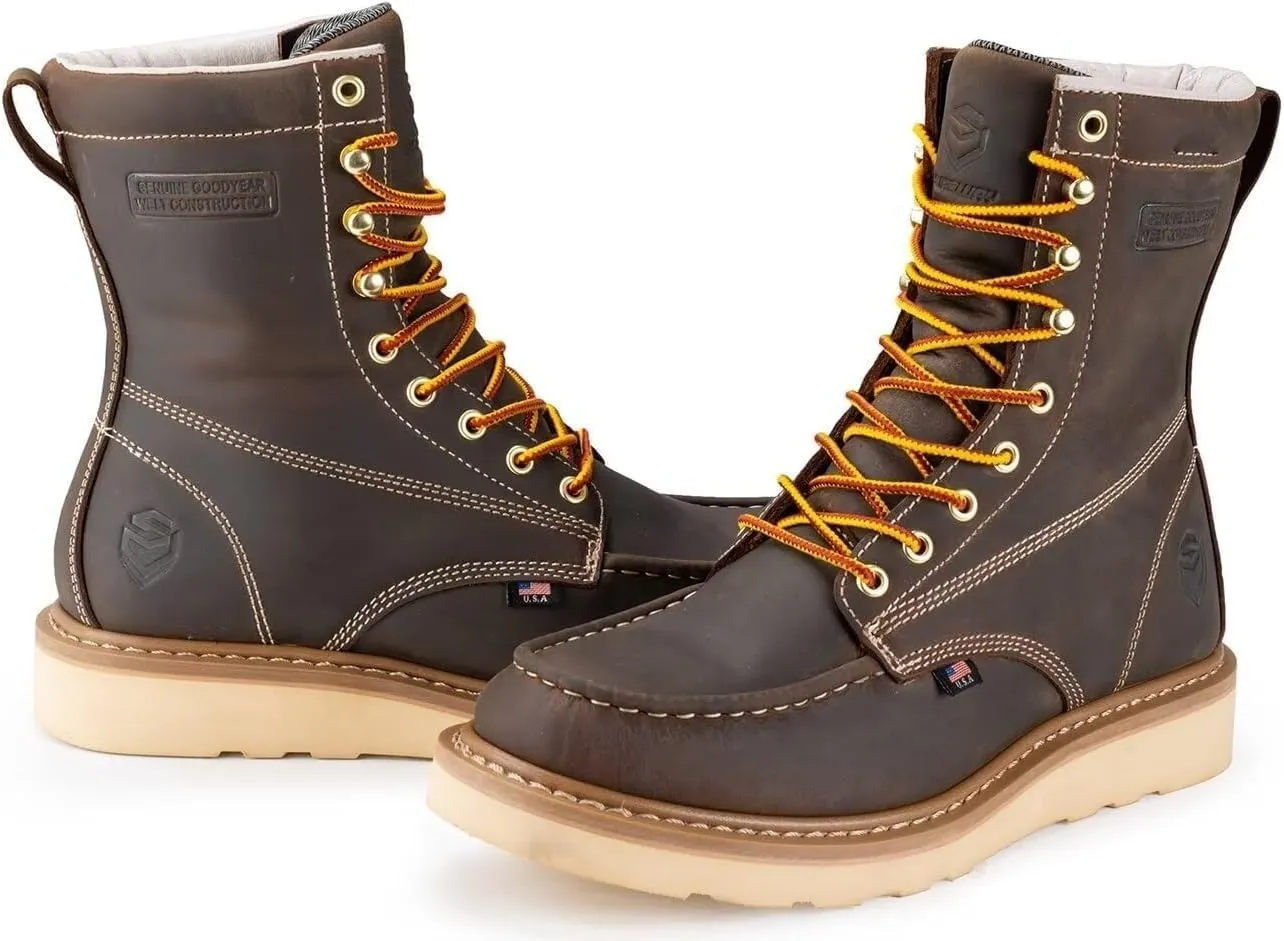 SUREWAY Mens 8 in Wedge Moc Soft/Steel Toe Work Boots for Men,Full-Grain Leather,Goodyear Welt,EH,Safety Industrial Construction Boots/Shoes for Women