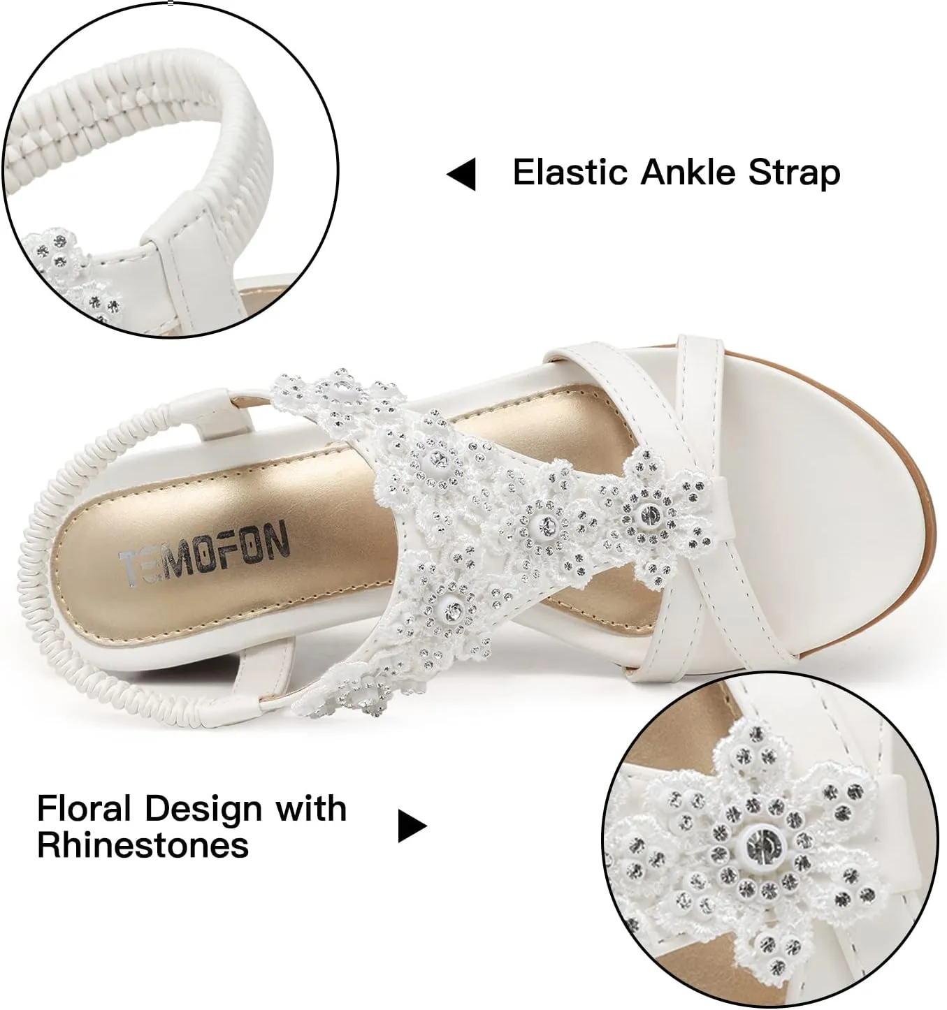 TEMOFON Women's Low Wedge Heels Summer Dressy Platform Sandals Elastic Ankle Strap Open Toe Flower Shoes