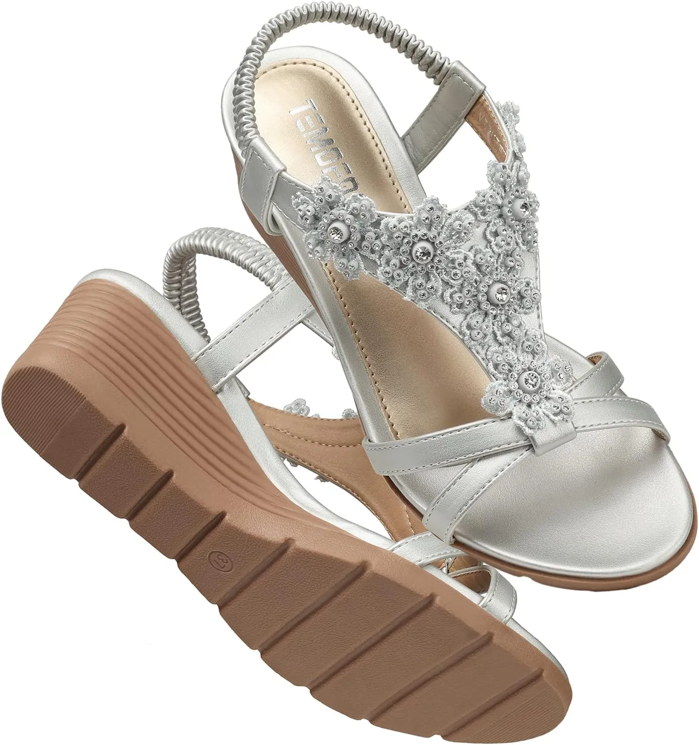 TEMOFON Women's Low Wedge Heels Summer Dressy Platform Sandals Elastic Ankle Strap Open Toe Flower Shoes
