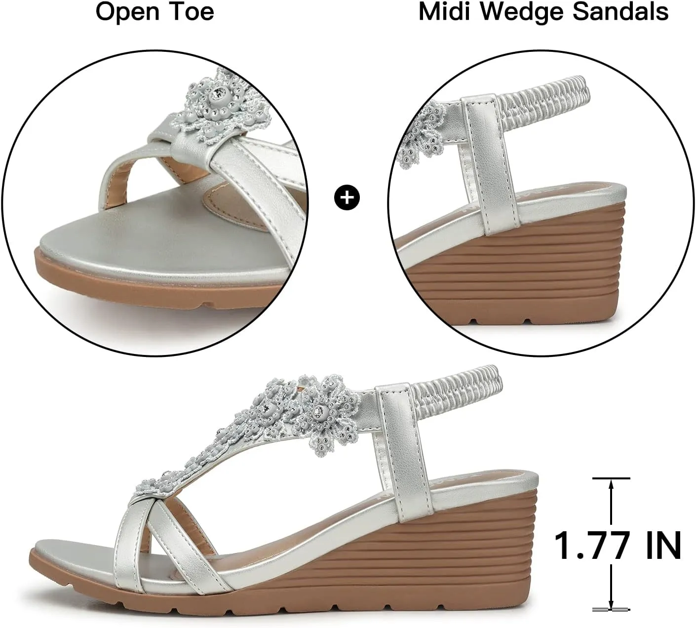 TEMOFON Women's Low Wedge Heels Summer Dressy Platform Sandals Elastic Ankle Strap Open Toe Flower Shoes
