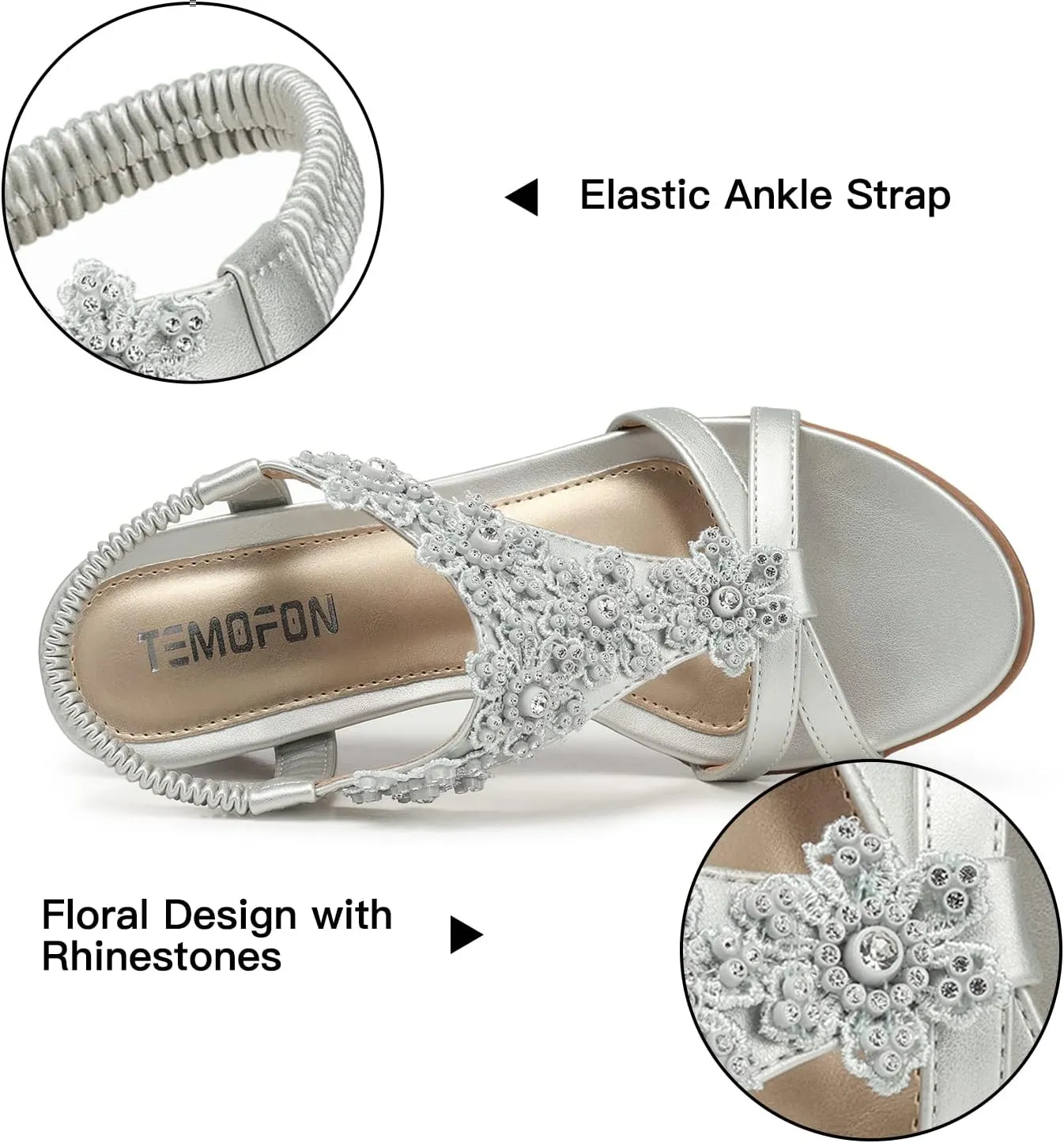 TEMOFON Women's Low Wedge Heels Summer Dressy Platform Sandals Elastic Ankle Strap Open Toe Flower Shoes