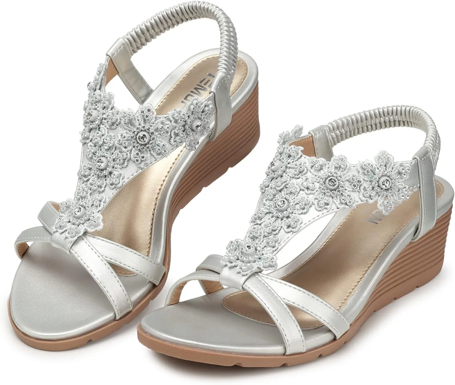 TEMOFON Women's Low Wedge Heels Summer Dressy Platform Sandals Elastic Ankle Strap Open Toe Flower Shoes