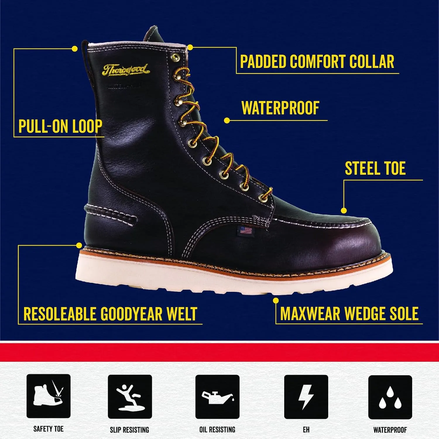 Thorogood 1957 Series 8” Waterproof Steel Toe Work Boots for Men - Full-Grain Leather with Moc Toe, Slip-Resistant Wedge Outsole, and Shock-Absorbing Insole; EH Rated