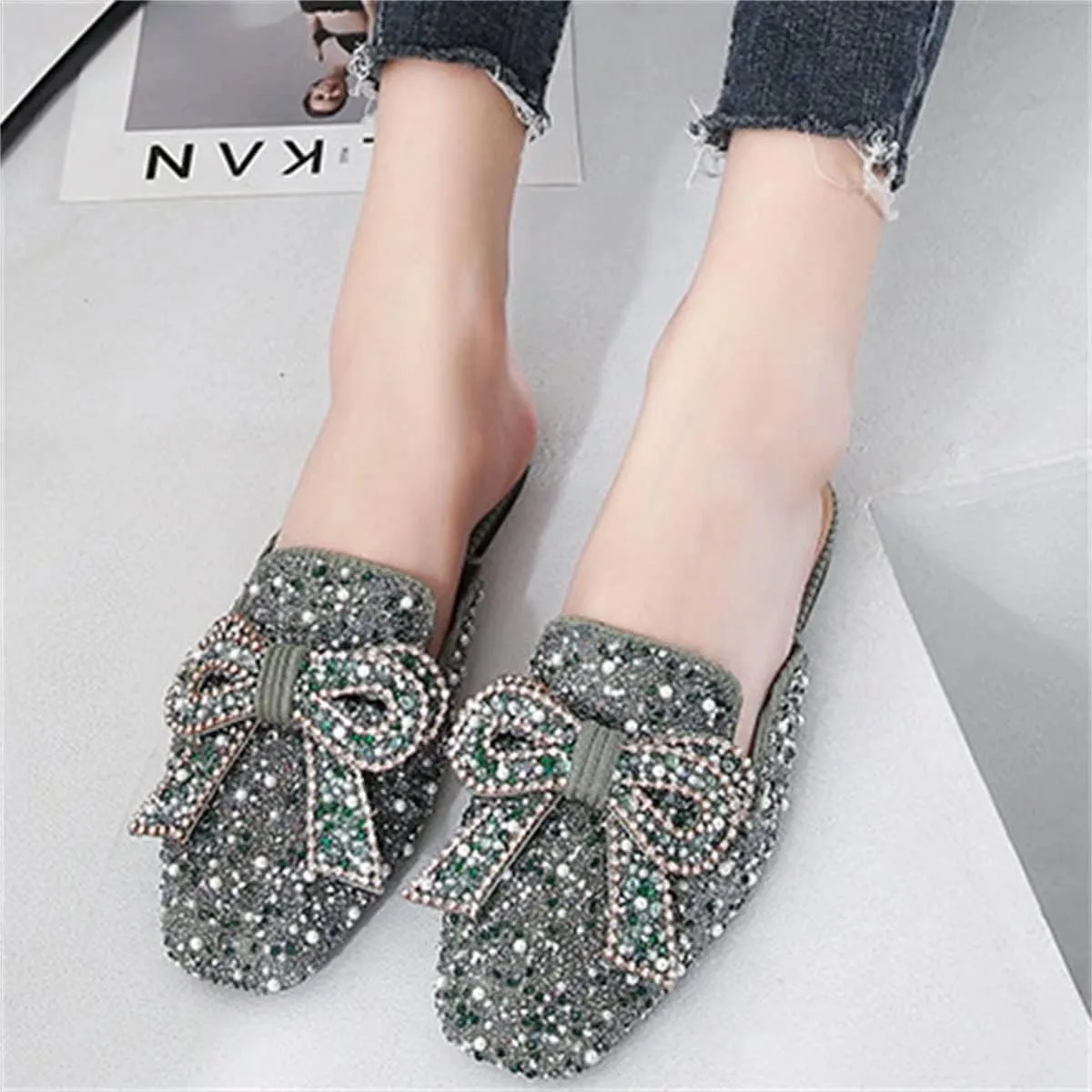 TN TANGNEST Women's Flat Mules Comfortable Rhinestone Bow Square Toe Slip on Loafers Slides Backless Mules Shoes