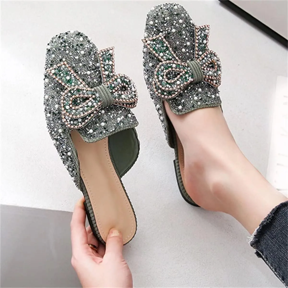 TN TANGNEST Women's Flat Mules Comfortable Rhinestone Bow Square Toe Slip on Loafers Slides Backless Mules Shoes