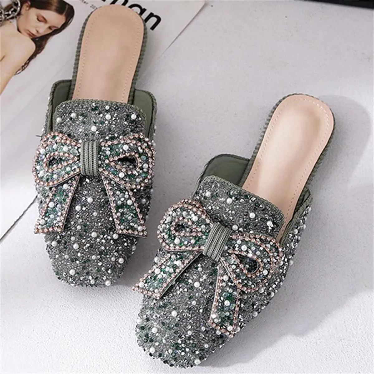 TN TANGNEST Women's Flat Mules Comfortable Rhinestone Bow Square Toe Slip on Loafers Slides Backless Mules Shoes
