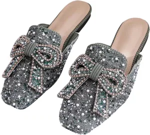 TN TANGNEST Women's Flat Mules Comfortable Rhinestone Bow Square Toe Slip on Loafers Slides Backless Mules Shoes