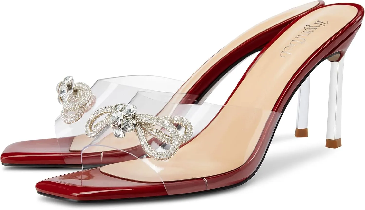 TNYNFBEB Womens Mid Heel Peep Open Toe Mules Shoes Sandals Slip-on Rhinestone Crystal Bow-knot Party Clear 3.3 Inches Heels