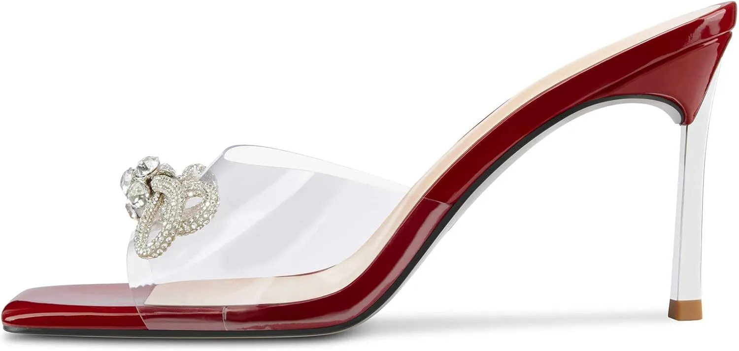 TNYNFBEB Womens Mid Heel Peep Open Toe Mules Shoes Sandals Slip-on Rhinestone Crystal Bow-knot Party Clear 3.3 Inches Heels