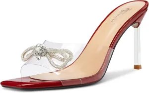 TNYNFBEB Womens Mid Heel Peep Open Toe Mules Shoes Sandals Slip-on Rhinestone Crystal Bow-knot Party Clear 3.3 Inches Heels
