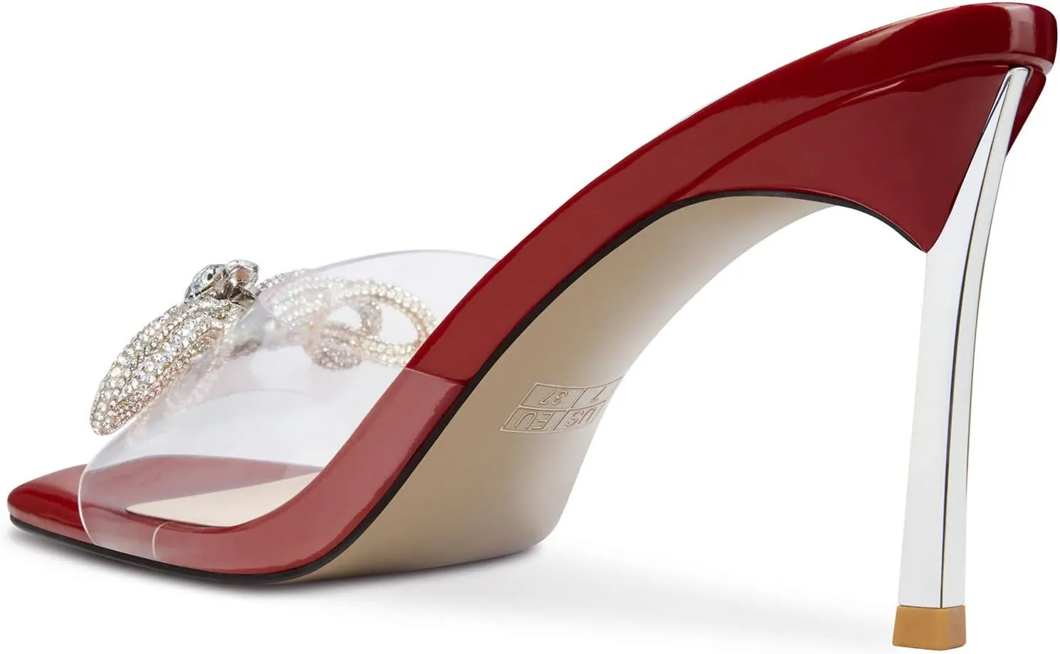 TNYNFBEB Womens Mid Heel Peep Open Toe Mules Shoes Sandals Slip-on Rhinestone Crystal Bow-knot Party Clear 3.3 Inches Heels