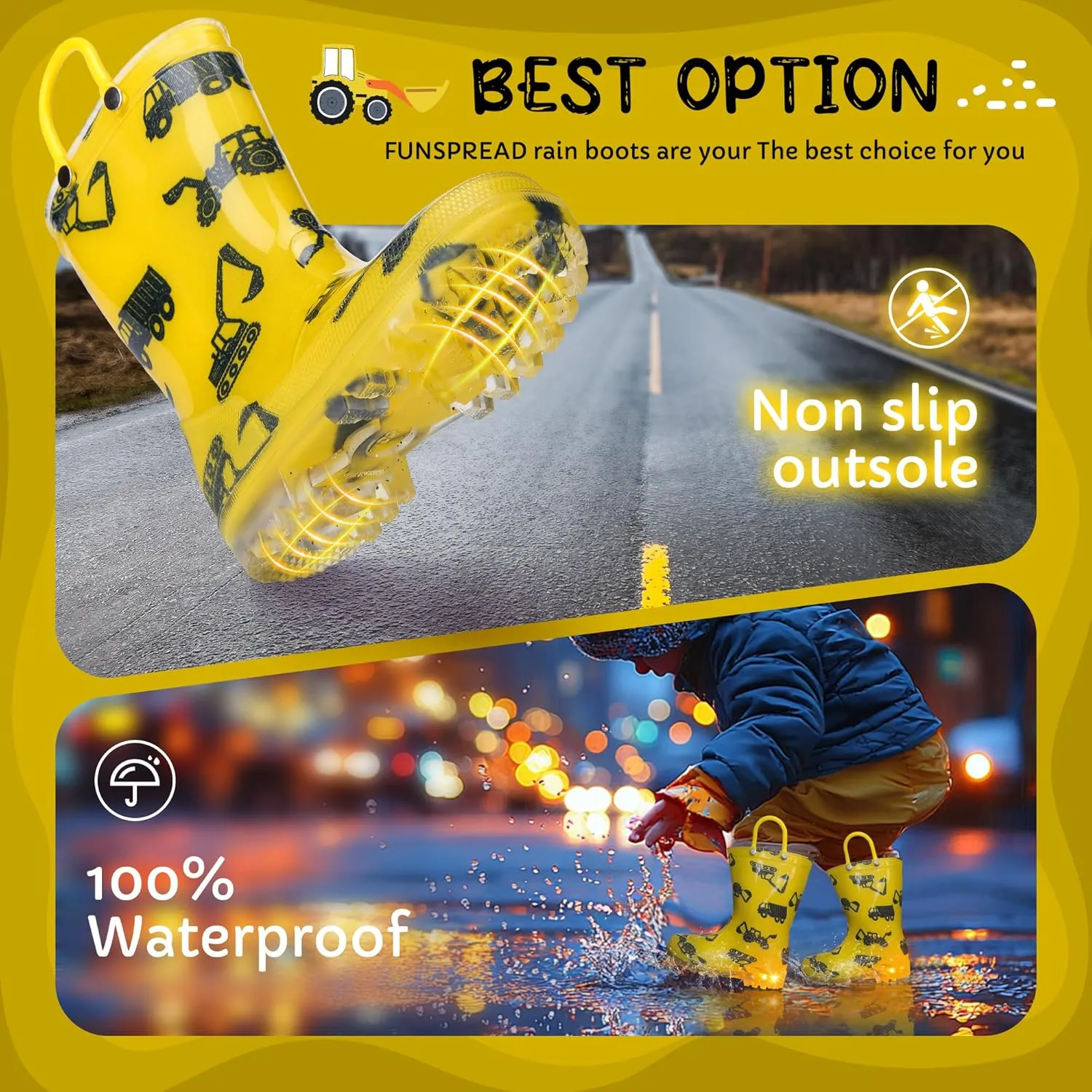 Toddler Rain Boots Boys Rain Boots - Patterns Light Up Kids Rain Boots with Easy-On Handles Lightwight Waterproof Rain Shoes (Toddler/Little/Big kids)