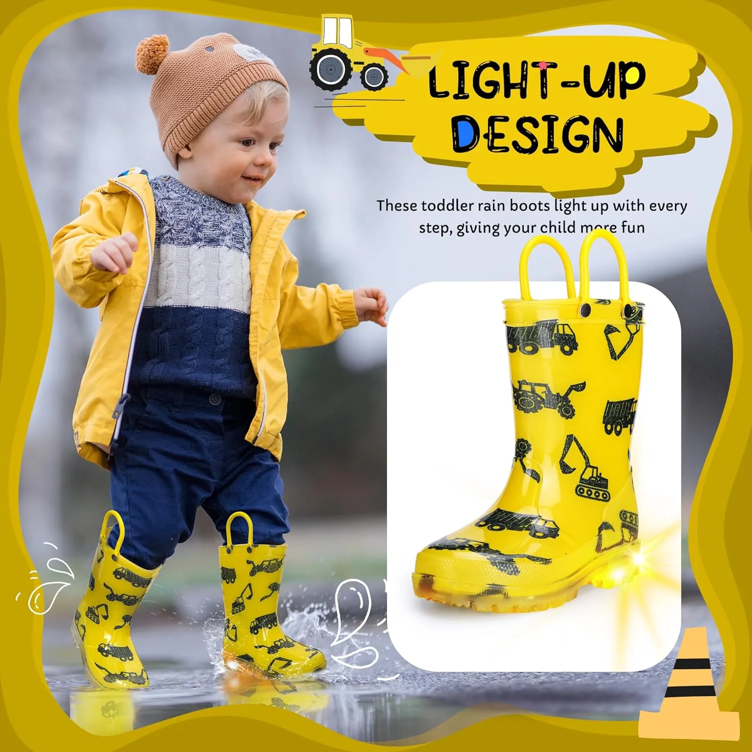 Toddler Rain Boots Boys Rain Boots - Patterns Light Up Kids Rain Boots with Easy-On Handles Lightwight Waterproof Rain Shoes (Toddler/Little/Big kids)