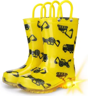 Toddler Rain Boots Boys Rain Boots - Patterns Light Up Kids Rain Boots with Easy-On Handles Lightwight Waterproof Rain Shoes (Toddler/Little/Big kids)