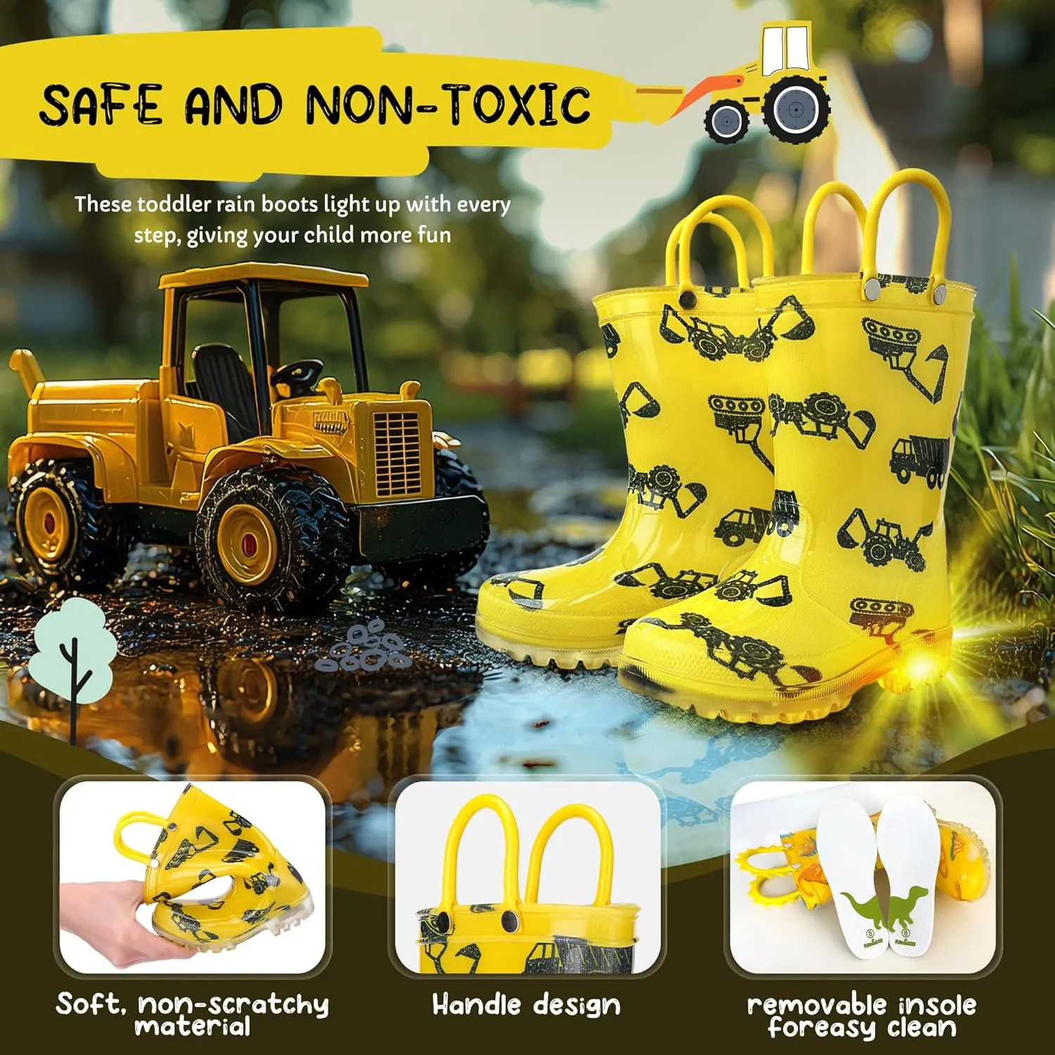 Toddler Rain Boots Boys Rain Boots - Patterns Light Up Kids Rain Boots with Easy-On Handles Lightwight Waterproof Rain Shoes (Toddler/Little/Big kids)