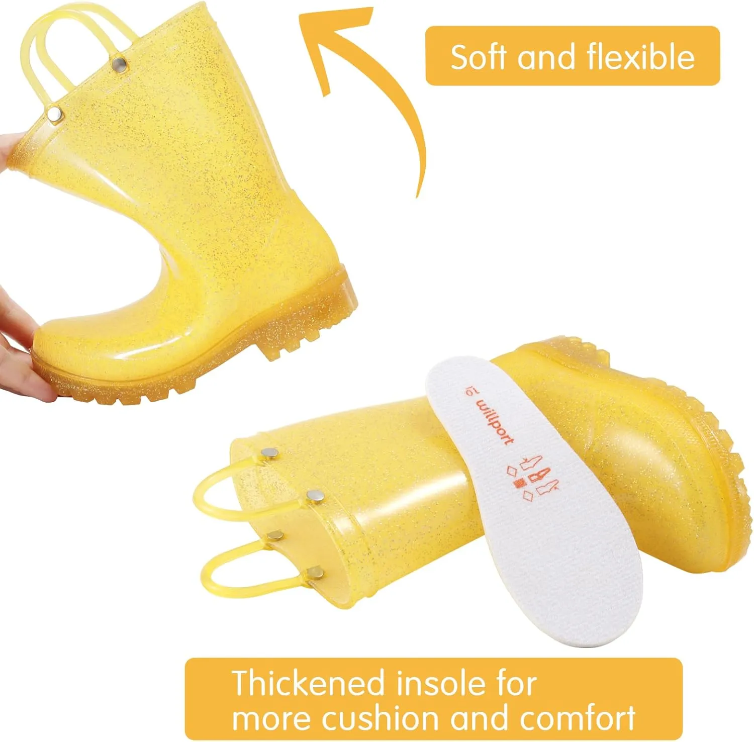 Toddler Rain Boots,Waterproof Glitter Kids Rain Boots with Easy-on Handles for Boys and Girls