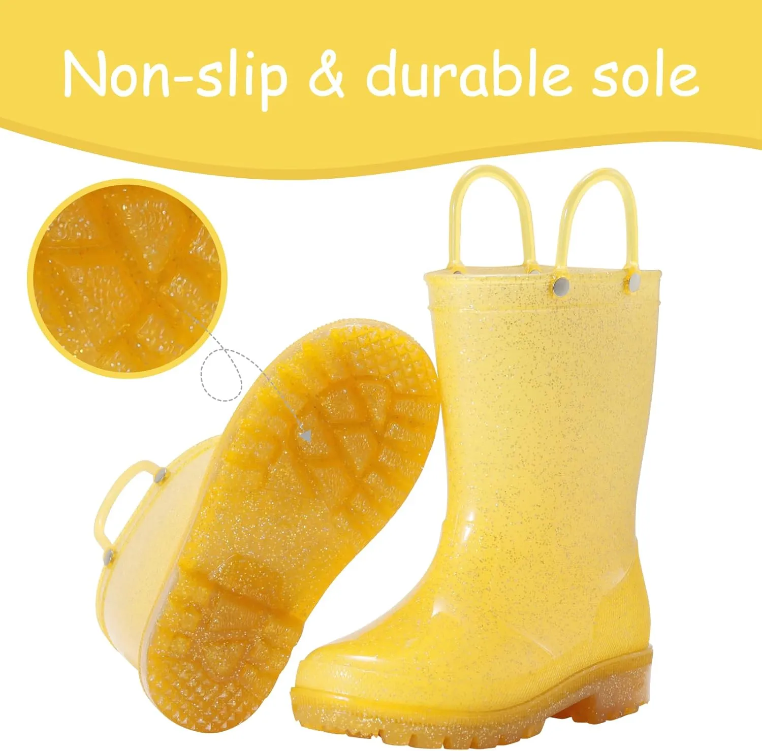 Toddler Rain Boots,Waterproof Glitter Kids Rain Boots with Easy-on Handles for Boys and Girls