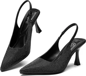 Trary Slingback Heels for Women - Pointed Toe Pumps, Comfortable & Stylish for Parties & Work - 3.2inch High Heels, Rhinestone & Glitter Dressy Shoes