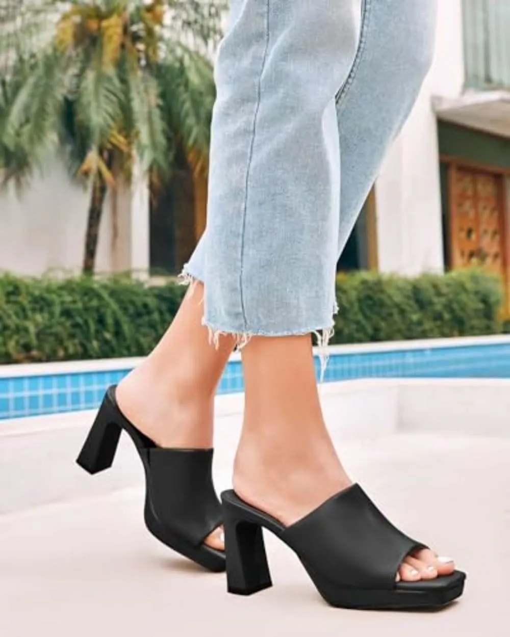 Trish Lucia Womens Platform Chunky Heels Mules Square Open Toe High Heeled Sandals Slip On Slides Dress Shoes
