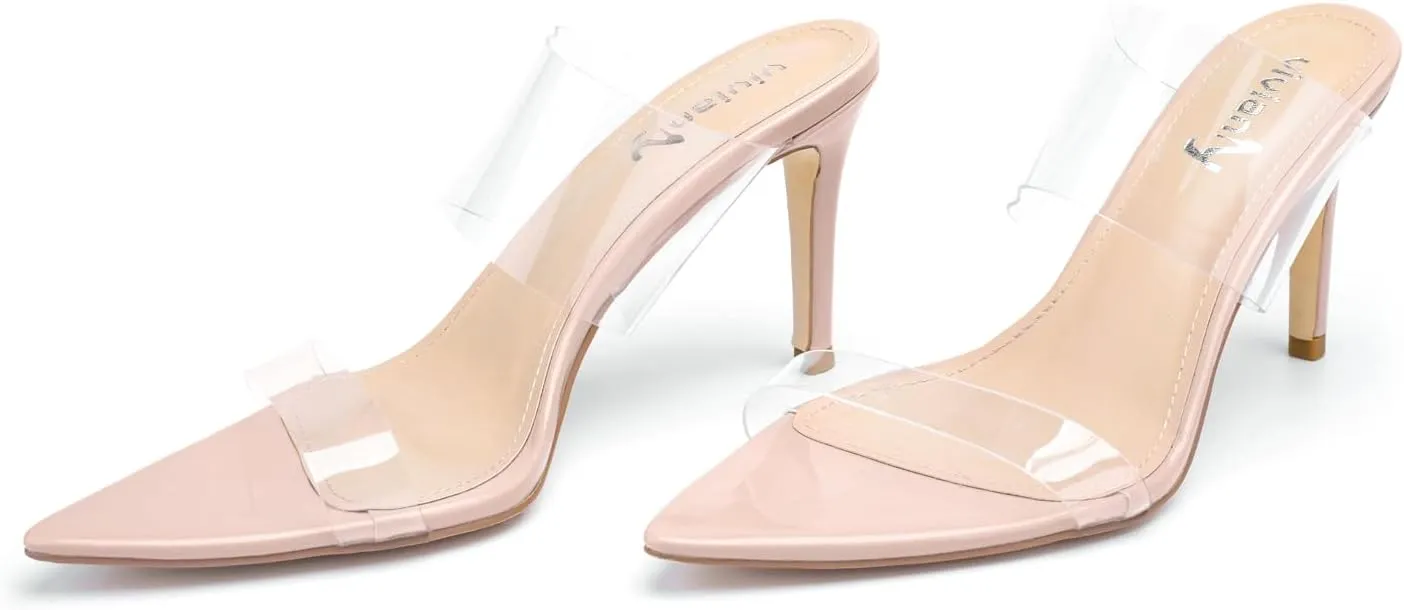vivianly Clear Pointed Toe Heels Sandals Transparent Strap Stiletto High Heels Slip on Mules for Women