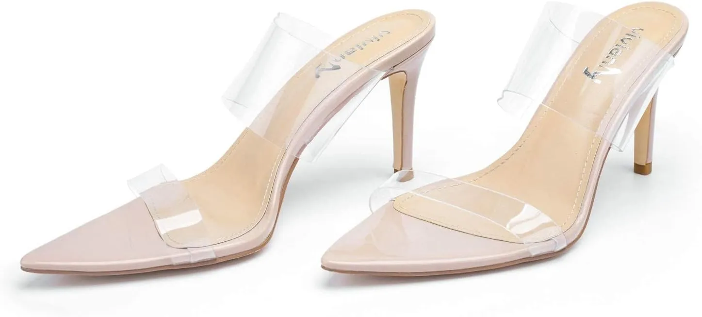 vivianly Clear Pointed Toe Heels Sandals Transparent Strap Stiletto High Heels Slip on Mules for Women