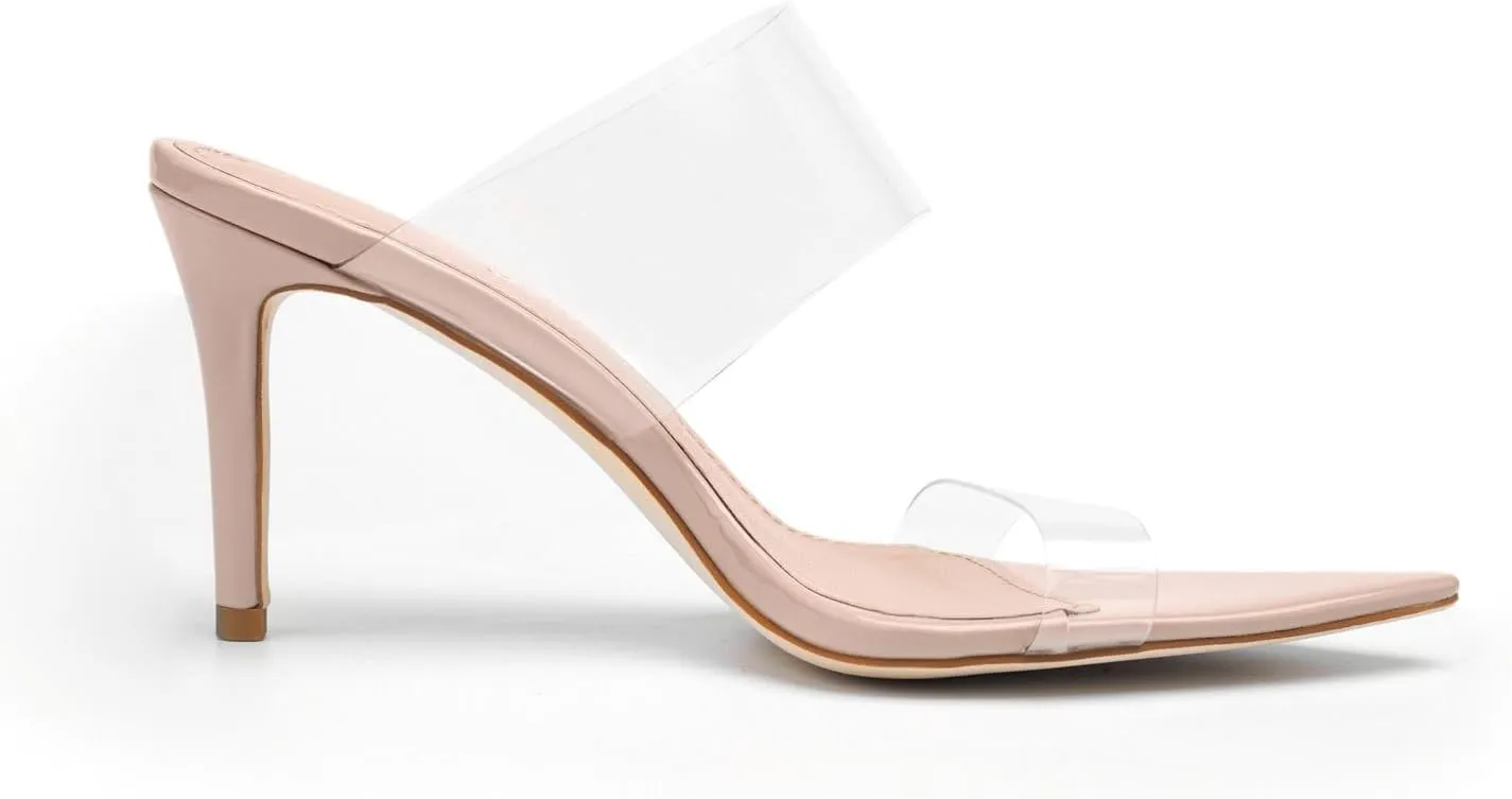 vivianly Clear Pointed Toe Heels Sandals Transparent Strap Stiletto High Heels Slip on Mules for Women