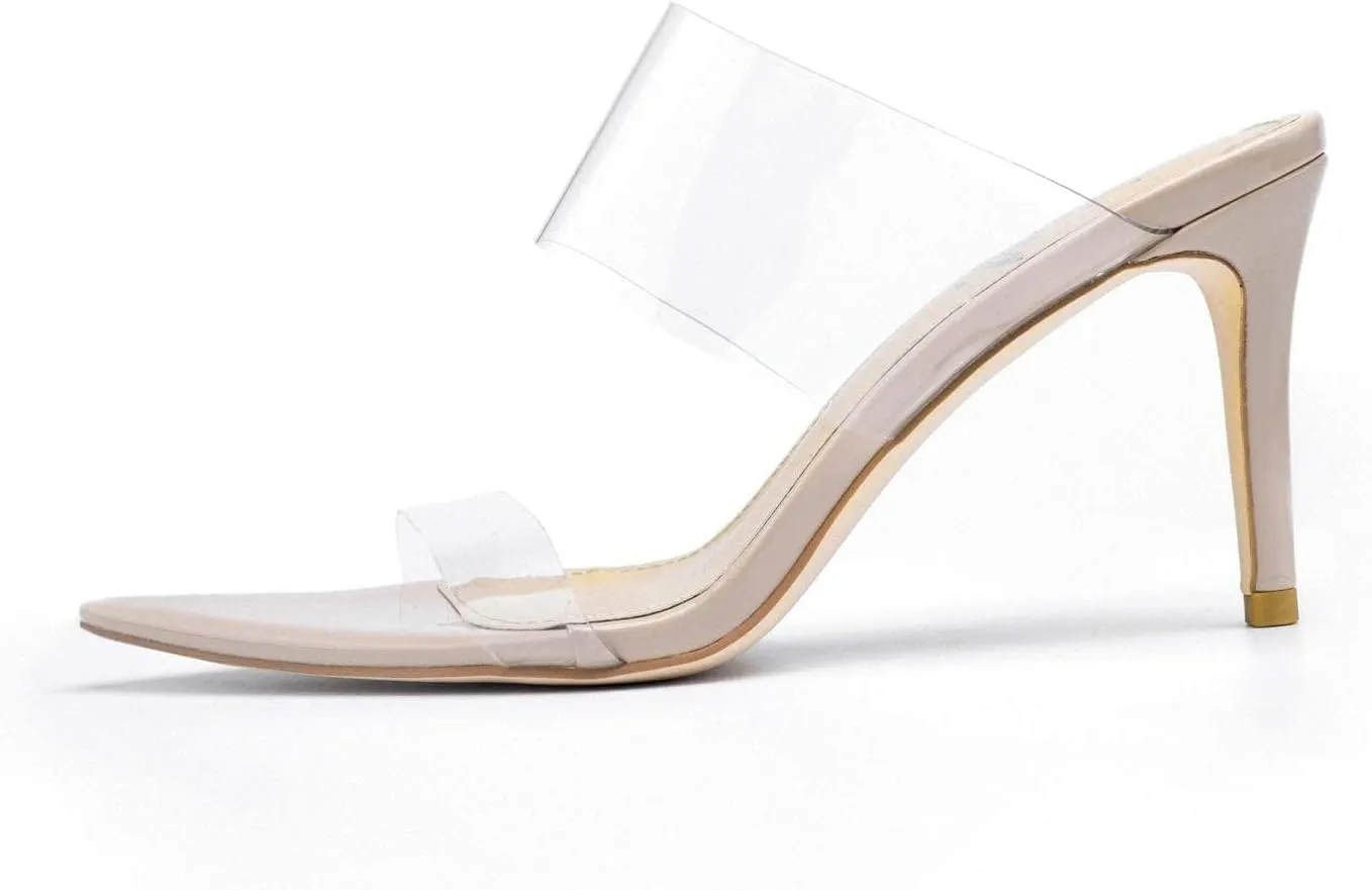 vivianly Clear Pointed Toe Heels Sandals Transparent Strap Stiletto High Heels Slip on Mules for Women