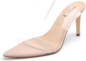 vivianly Clear Pointed Toe Heels Sandals Transparent Strap Stiletto High Heels Slip on Mules for Women