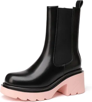 vivianly Womens Chelsea Boots Lug Sole Platform Mid Calf Boots Elastic Slip on Boots Block Heel Ankle Boots for Casual Wear, Costume