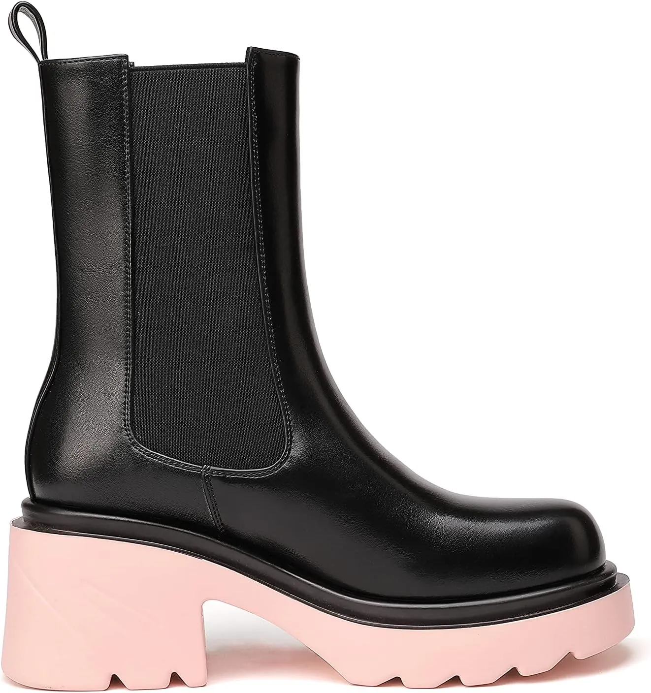 vivianly Womens Chelsea Boots Lug Sole Platform Mid Calf Boots Elastic Slip on Boots Block Heel Ankle Boots for Casual Wear, Costume