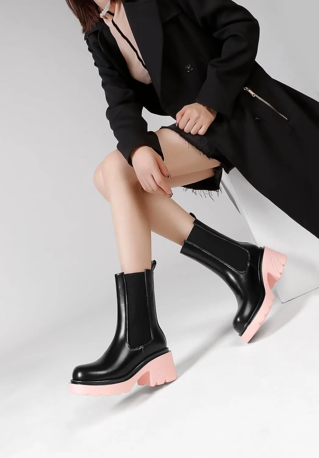 vivianly Womens Chelsea Boots Lug Sole Platform Mid Calf Boots Elastic Slip on Boots Block Heel Ankle Boots for Casual Wear, Costume