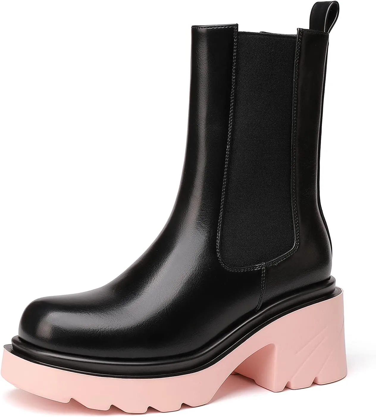 vivianly Womens Chelsea Boots Lug Sole Platform Mid Calf Boots Elastic Slip on Boots Block Heel Ankle Boots for Casual Wear, Costume