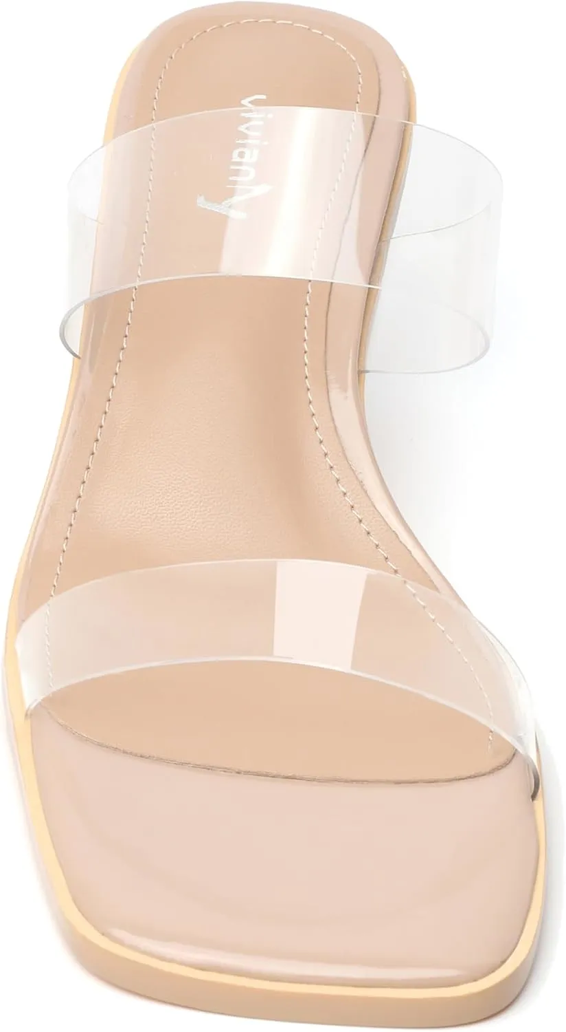 vivianly Womens Clear Heels Sandals Transparent Chunky Heels Backless Open Toe Slip on Mules Heeled Slipper Dress Shoes