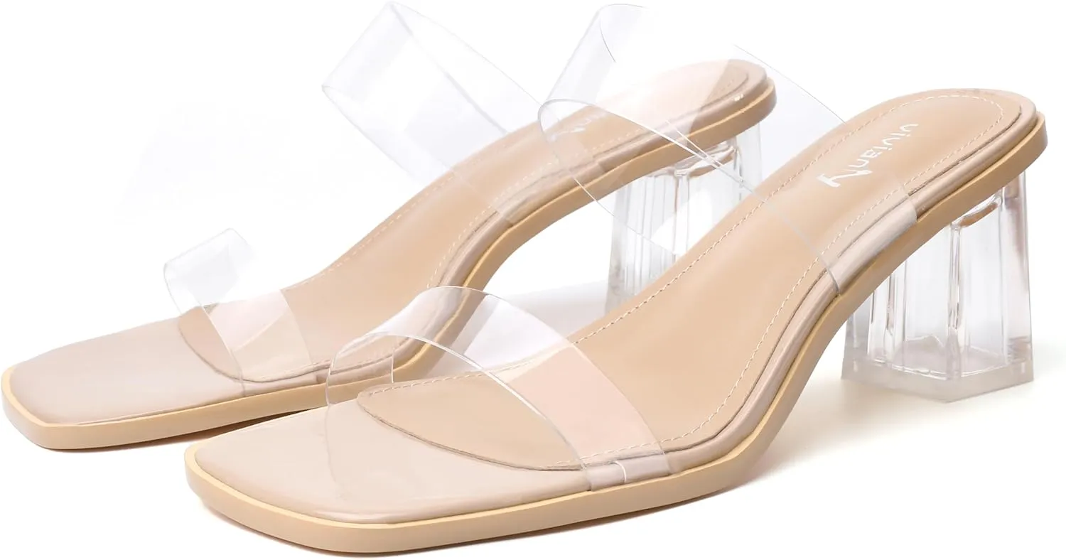 vivianly Womens Clear Heels Sandals Transparent Chunky Heels Backless Open Toe Slip on Mules Heeled Slipper Dress Shoes