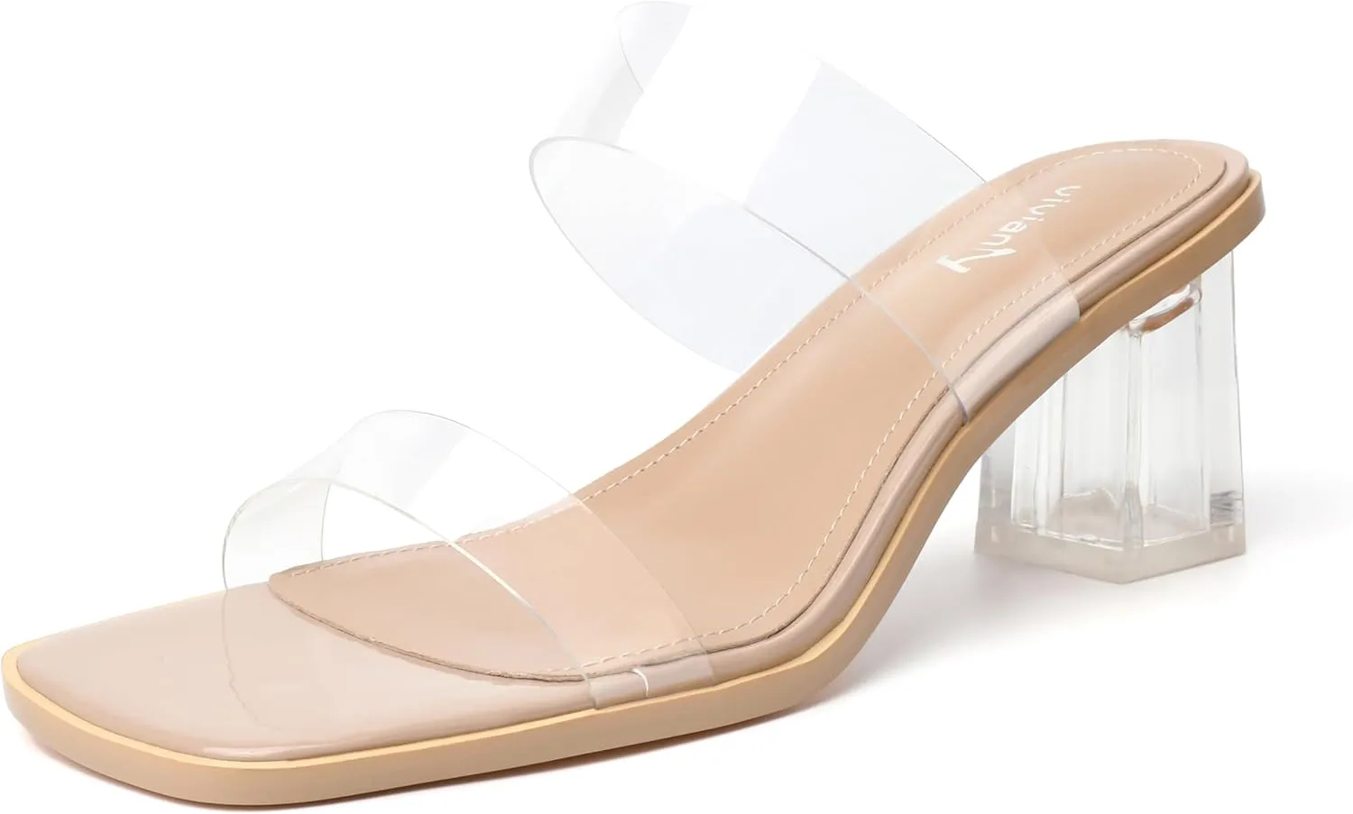 vivianly Womens Clear Heels Sandals Transparent Chunky Heels Backless Open Toe Slip on Mules Heeled Slipper Dress Shoes