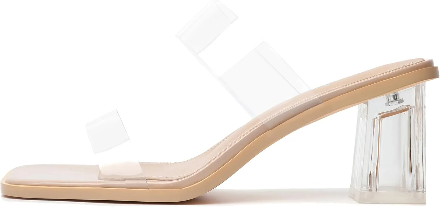 vivianly Womens Clear Heels Sandals Transparent Chunky Heels Backless Open Toe Slip on Mules Heeled Slipper Dress Shoes