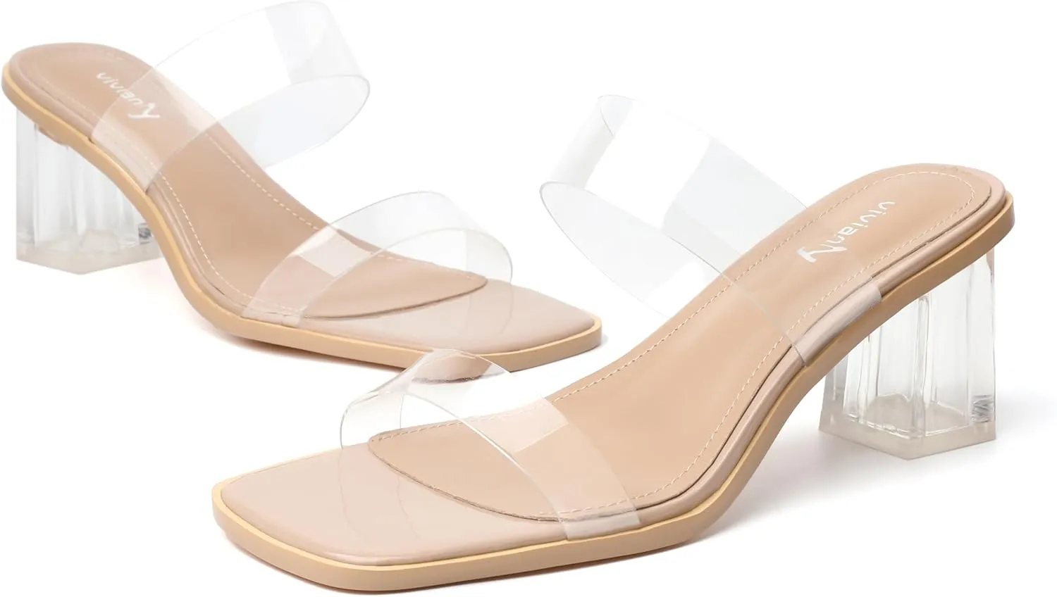 vivianly Womens Clear Heels Sandals Transparent Chunky Heels Backless Open Toe Slip on Mules Heeled Slipper Dress Shoes