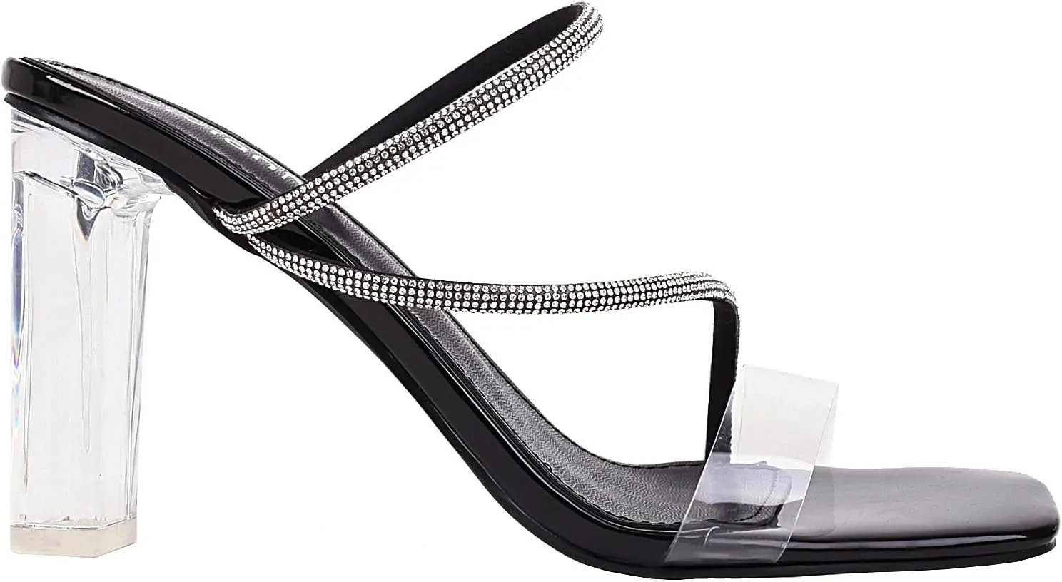 vivianly Womens Square Toe Clear Rhinestone Strappy Heeled Sandals Transparent Block High Heels Slides Slipper Wedding Dress