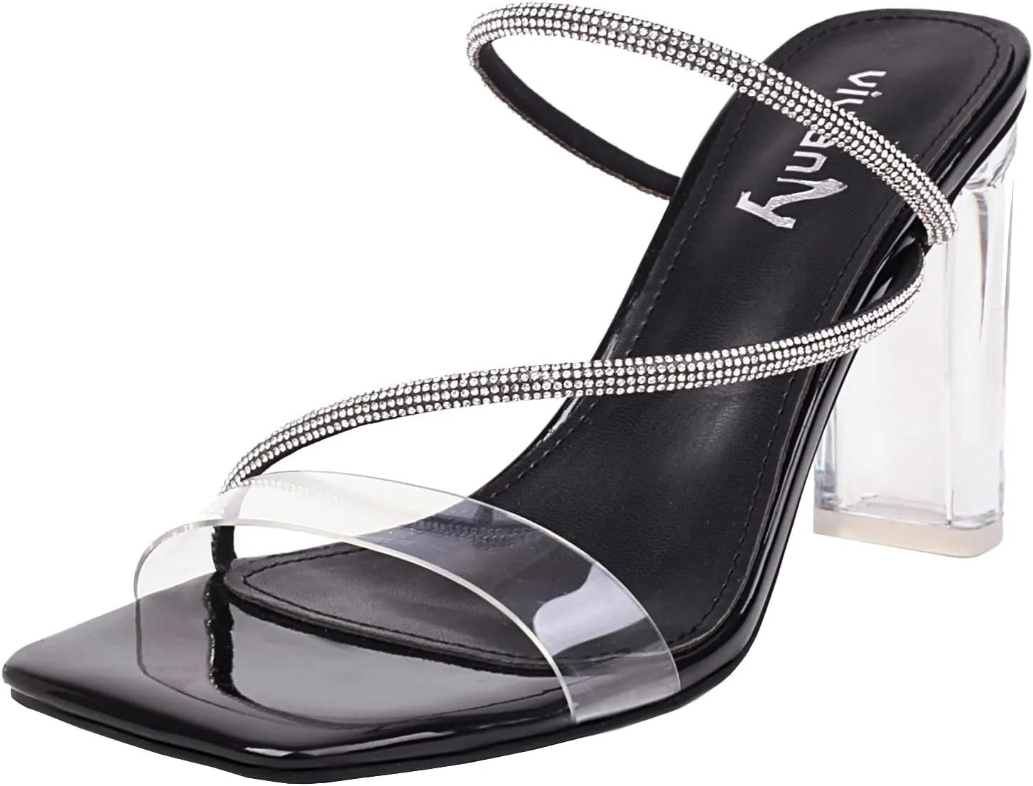 vivianly Womens Square Toe Clear Rhinestone Strappy Heeled Sandals Transparent Block High Heels Slides Slipper Wedding Dress