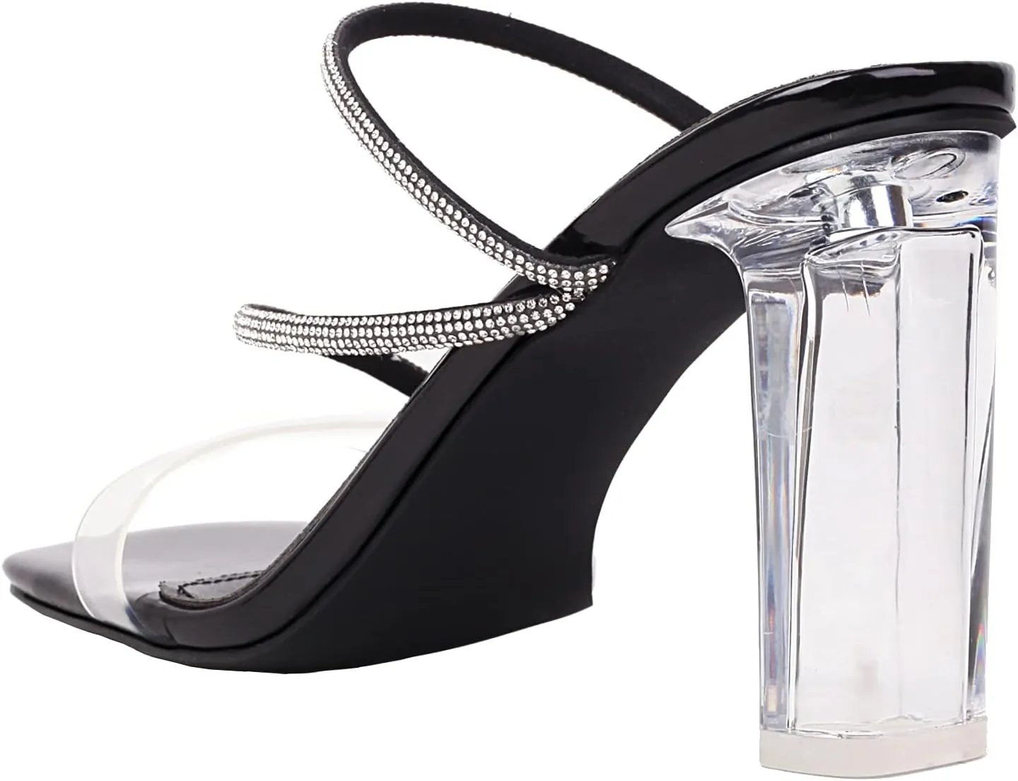 vivianly Womens Square Toe Clear Rhinestone Strappy Heeled Sandals Transparent Block High Heels Slides Slipper Wedding Dress