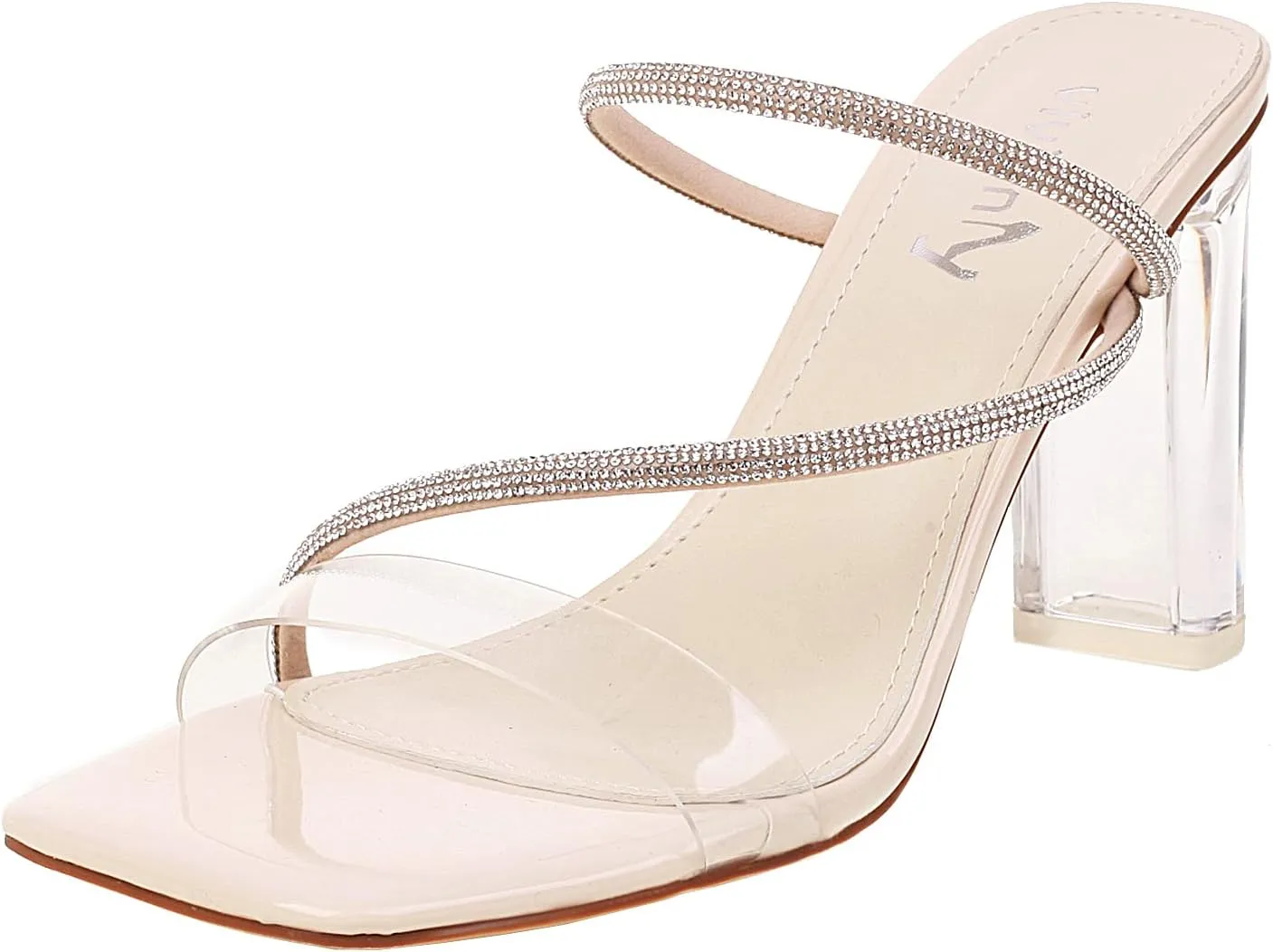 vivianly Womens Square Toe Clear Rhinestone Strappy Heeled Sandals Transparent Block High Heels Slides Slipper Wedding Dress