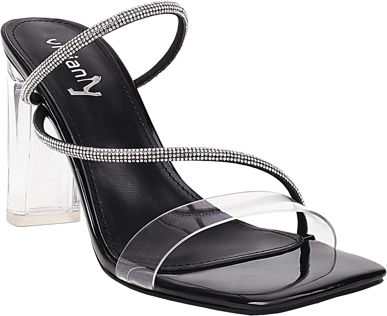 vivianly Womens Square Toe Clear Rhinestone Strappy Heeled Sandals Transparent Block High Heels Slides Slipper Wedding Dress
